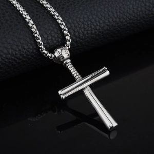 Collier Pendentif Croix de Baseball en Acier au Titane Hip Hop pour Hommes Garçons Style Sportif Batte de Baseball Bijoux Mode