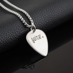 Brushed stainless steel guitar pick pendant necklace with star engraving and box chain