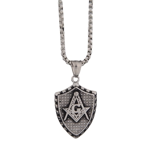 Collier pendentif bouclier maçonnique argenté avec équerre et compas sur chaîne