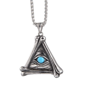 Vintage Gothic All Seeing Eye Pendant Necklace Stainless Steel Titanium Bone Texture Triangle Blue Stone Punk Jewelry For Men Women