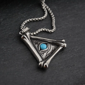 Gothic style titanium steel necklace with blue turquoise in triangle bone frame