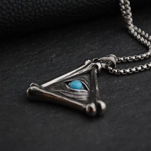 Triangular blue turquoise titanium steel necklace with a realistic all-seeing eye pendant