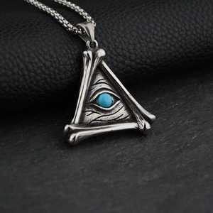 Vintage punk titanium steel triangle necklace with turquoise all-seeing eye pendant