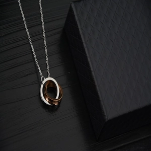 Trendy double interlocking ring necklace in silver and rose gold for couples