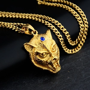 Men Hip Hop Gold Stainless Steel Leopard Head Pendant Necklace With Blue Zirconia Domineering Animal Jewelry For Party