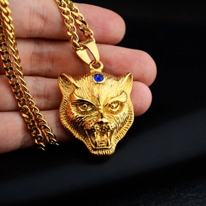 Hip hop style gold leopard head necklace with blue zircon pendant and cuban chain
