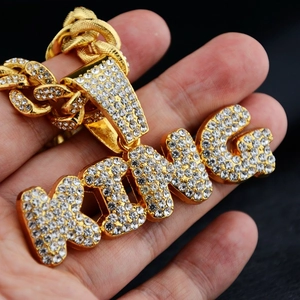 Hip-hop gold Cuban link necklace with iced out KING letter pendant for men