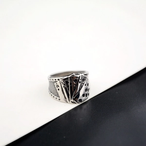 Vintage hip hop poker ring in stainless steel with detailed flush card relief