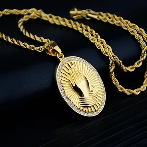 Hip Hop Praying Hands Pendant Necklace Gold Plated Stainless Steel Rope Chain Rhinestone Inlaid Fashion Jewelry For Men Women
