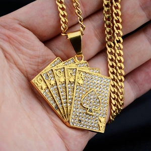 Iced out royal flush poker pendant with golden cuban chain necklace for men and women