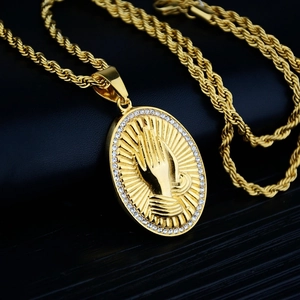 Hip hop gold titanium steel necklace featuring a praying hands pendant with twisted rope chain