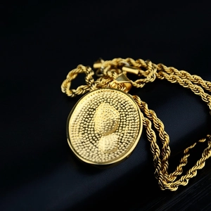 Hip hop style gold titanium steel necklace with buddha palm pendant and rope chain