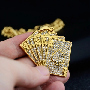 Hip hop style gold-plated poker royal flush pendant necklace with white zircons