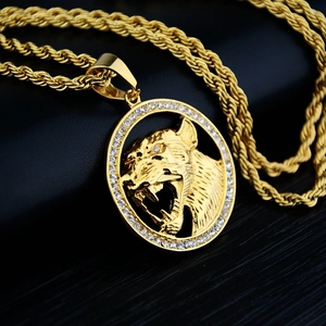 Collier Pendentif Tête de Léopard en Acier Titane Plaqué Or Hip Hop Avec Strass Cercle Rond Chaîne Torsadée Bijoux