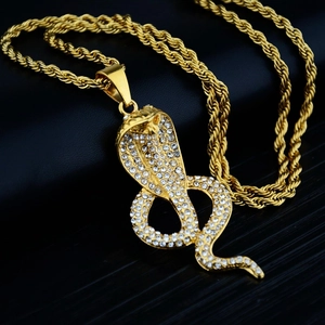 Hip Hop Gold Plated Titanium Steel Cobra Pendant Necklace With Rhinestone Rope Chain Fashion Jewelry For Men Women