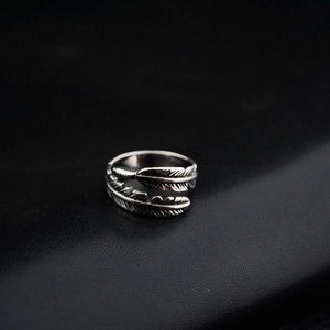 Stainless Steel Feather Adjustable Ring For Men Women Vintage Punk Hip Hop Retro Distressed Silver Open Wrap Finger Ring