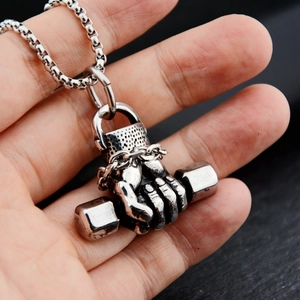 Hip hop titanium steel necklace featuring a fist holding a dumbbell pendant on box chain