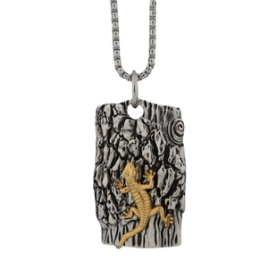 Hip Hop Vintage Stainless Steel Gecko Lizard Pendant Necklace Retro Tree Bark Texture Dual Tone Jewelry Gift For Men Women