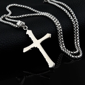 Minimalist silver titanium steel cross pendant necklace with box chain on black leather