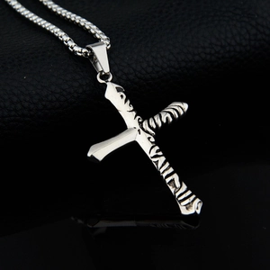 Engraved cross pendant necklace in stainless steel with a metallic box chain design