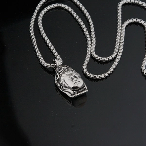 Vintage silver Guanyin Buddha head pendant necklace with box chain for men and women