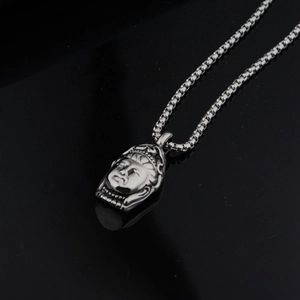 Hip hop titanium steel necklace with vintage Guanyin Buddha head pendant on box chain