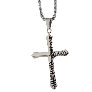Gothic silver cross necklace in durable titanium steel with punk rib texture design