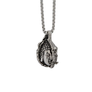 Buddha-Kopf Anhänger aus Edelstahl in Vintage-Silber mit quadratischer Gliederkette