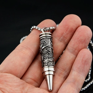 Pendentif balle gravé dragon en acier titane avec chaîne rétro pour hommes et femmes