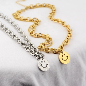 Stainless Steel Smiley Face Round Pendant Double Layer Chunky Fine Chain Necklace Love Life Engraved Streetwear Jewelry