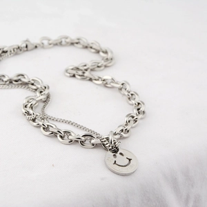Minimalist double-layer silver smile face pendant necklace for women stylish street style