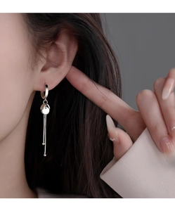 Detail of S925 sterling silver drop earring with round disc and snake chain tassels