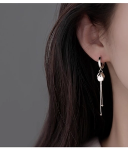 Detail view of S925 sterling silver tassel earrings with round disc and snake chain drops