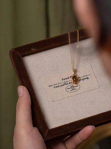 Détail du pendentif en ambre ovale dans un écrin en bois avec une fine chaîne en or