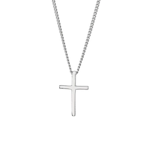 Minimalist silver metal cross pendant necklace on a clean white background