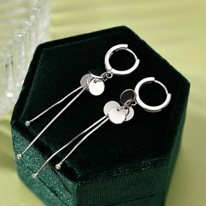 Polished S925 sterling silver hoop earrings with disc and long tassel chain fringe