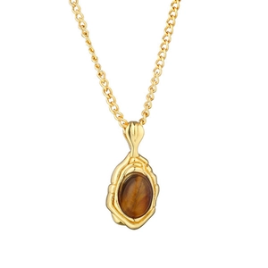 Collier vintage en argent S925 avec pendentif ambre oeil de tigre et base dorée