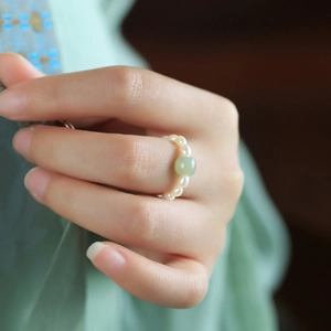 Vintage New Chinese Style 925 Sterling Silver Artificial Pearl Jade Ring Elegant Elastic Stretch Finger Ring For Women