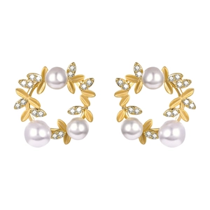 Exquisite gold wreath earrings with three round pearls and sparkling zircon accents