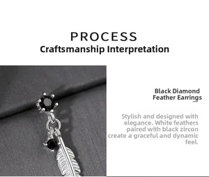 Detailed macro view of 925 silver feather earrings featuring black cubic zirconia stones
