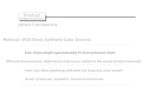Specifications of S925 silver bow necklace including material size and care instructions
