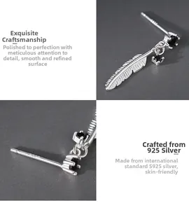 Macro details of S925 silver feather earrings featuring black zircon gemstone texture
