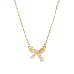 Elegant gold bow necklace with pavé cubic zirconia pendant on a delicate chain
