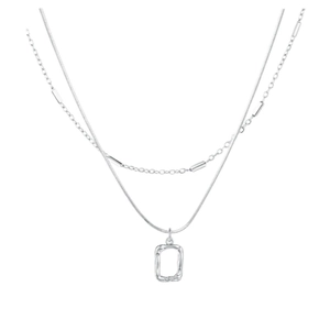 Double-layer silver geometric rectangular pendant necklace with sleek snake chain design