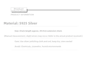 S925 silver necklace product information showing 39+5cm chain length and care guide