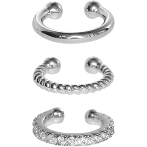 Three-piece silver ear cuff set with smooth, twisted, and zircon-encrusted designs
