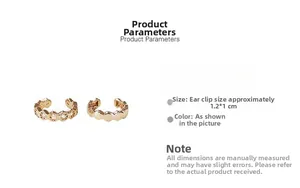 Detailed product dimensions for gold honeycomb ear cuffs and wave-pattern hoop earrings