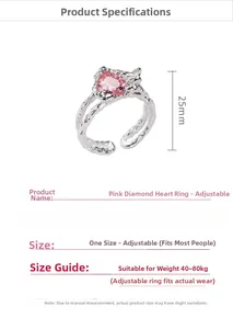 Pink heart crystal ring with adjustable silver band and 25mm height dimension details