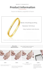 Detailed size guide for 925 silver square ring with cubic zirconia measurement steps