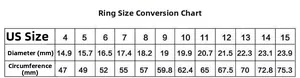 Detailed ring size chart with U.S. sizes, diameter, and circumference in millimeters